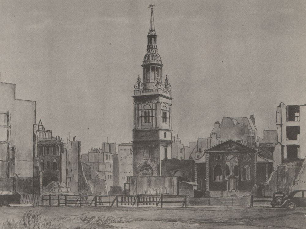 CHEAPSIDE. Bow Church, by Reginald Riley 1947 old vintage print picture